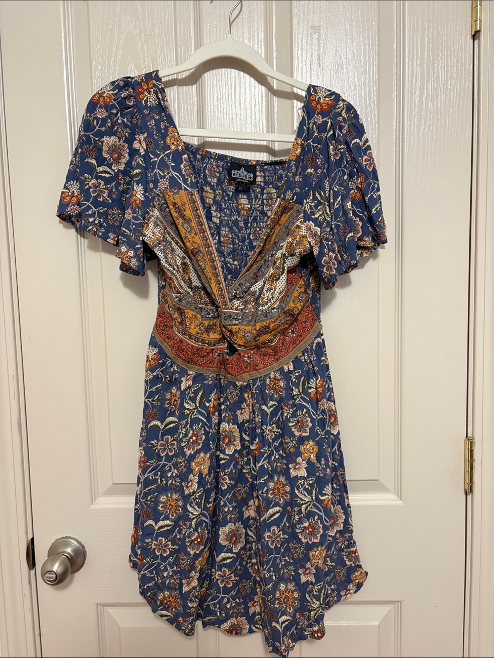 Angie Blue Floral Knot-Front Mini Dress with Rust and Mustard Accents